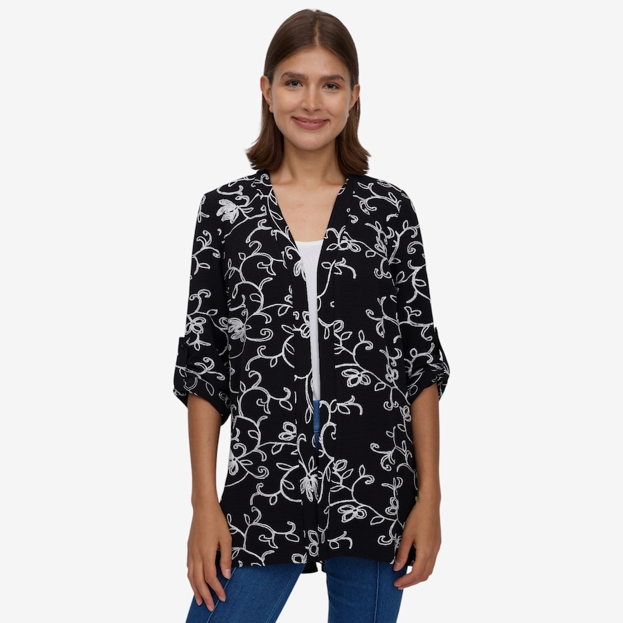 Image 122465_BLK.jpg, Product 122-465 / Price $54.99, Nina Leonard Embroidered Textured Wave Godet Back Cardigan from Nina Leonard on TSC.ca's Fashion department