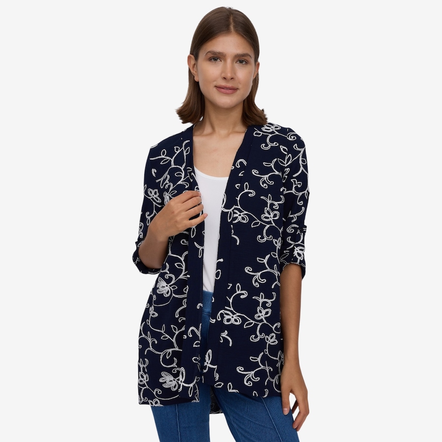 Image 122465_NVY.jpg, Product 122-465 / Price $54.99, Nina Leonard Embroidered Textured Wave Godet Back Cardigan from Nina Leonard on TSC.ca's Fashion department