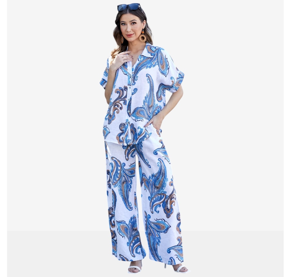 Image 122647_WHT.jpg, Product 122-647 / Price $79.99, Orange Fashion Village Lorenza's Paisley Print Linen Pants from Orange Fashion Village on TSC.ca's Fashion department