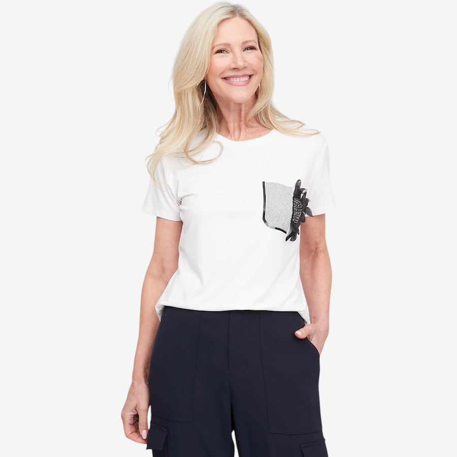 Image 123159_WHT.jpg, Product 123-159 / Price $90.00, Brian Bailey Embellished Flower Tee from Brian Bailey on TSC.ca's Fashion department