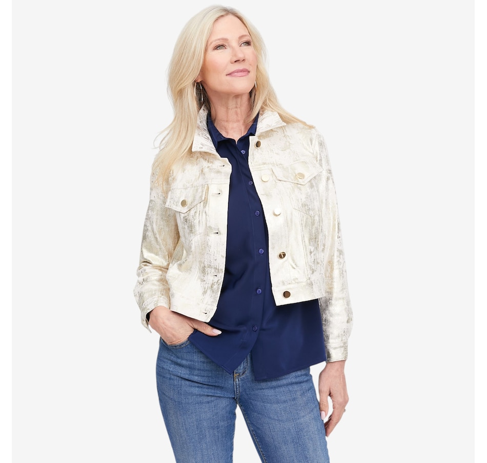 Image 123163_GLD.jpg, Product 123-163 / Price $275.00, Brian Bailey Printed Metallic Faux Leather Jean Jacket from Brian Bailey on TSC.ca's Fashion department