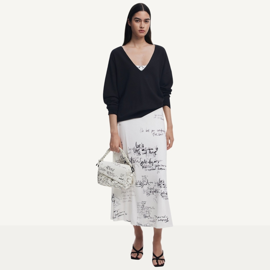 Image 123690_ALTMORE1.jpg, Product 123-690 / Price $159.88, Desigual Newspaper Print Dress with Black V-Neck Sweater from Desigual on TSC.ca's Fashion department
