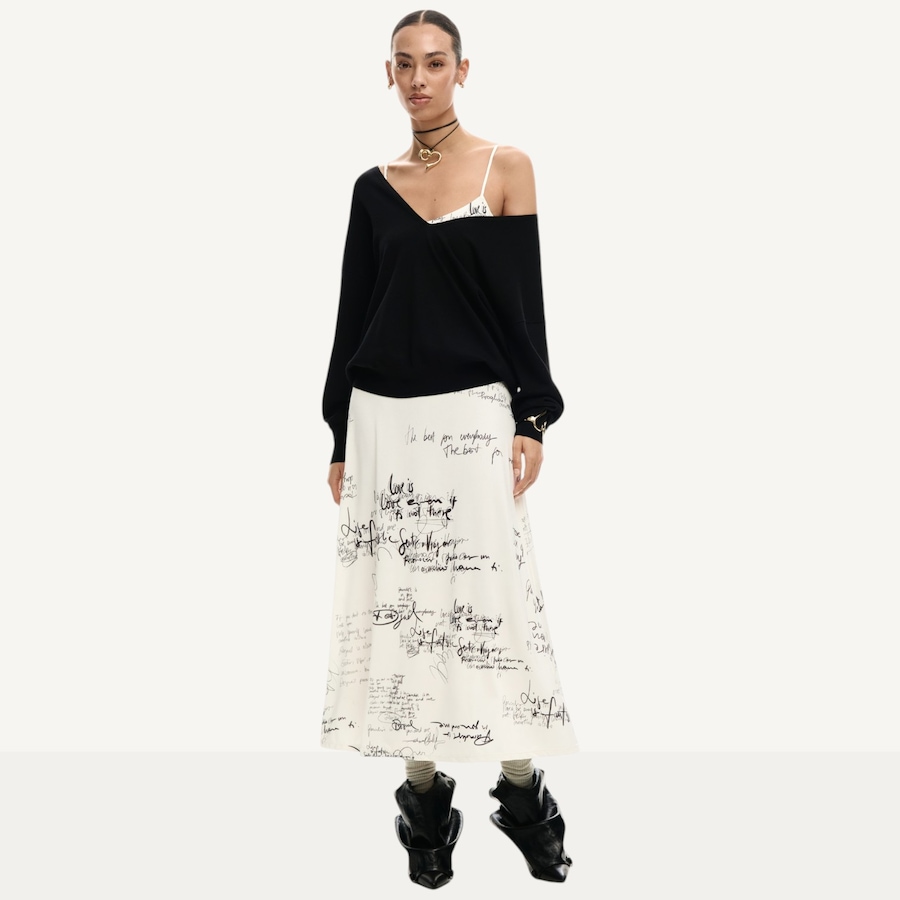 Image 123690_WHT.jpg, Product 123-690 / Price $159.88, Desigual Newspaper Print Dress with Black V-Neck Sweater from Desigual on TSC.ca's Fashion department