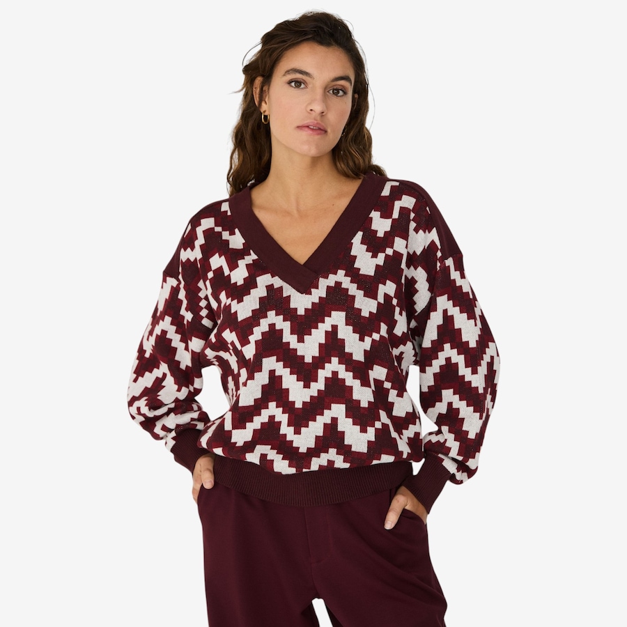 Image 123764_CHO.jpg, Product 123-764 / Price $155.00, SKFK Kerezi Jacquard Textured Sweater With V-Neck from SKFK on TSC.ca's Fashion department