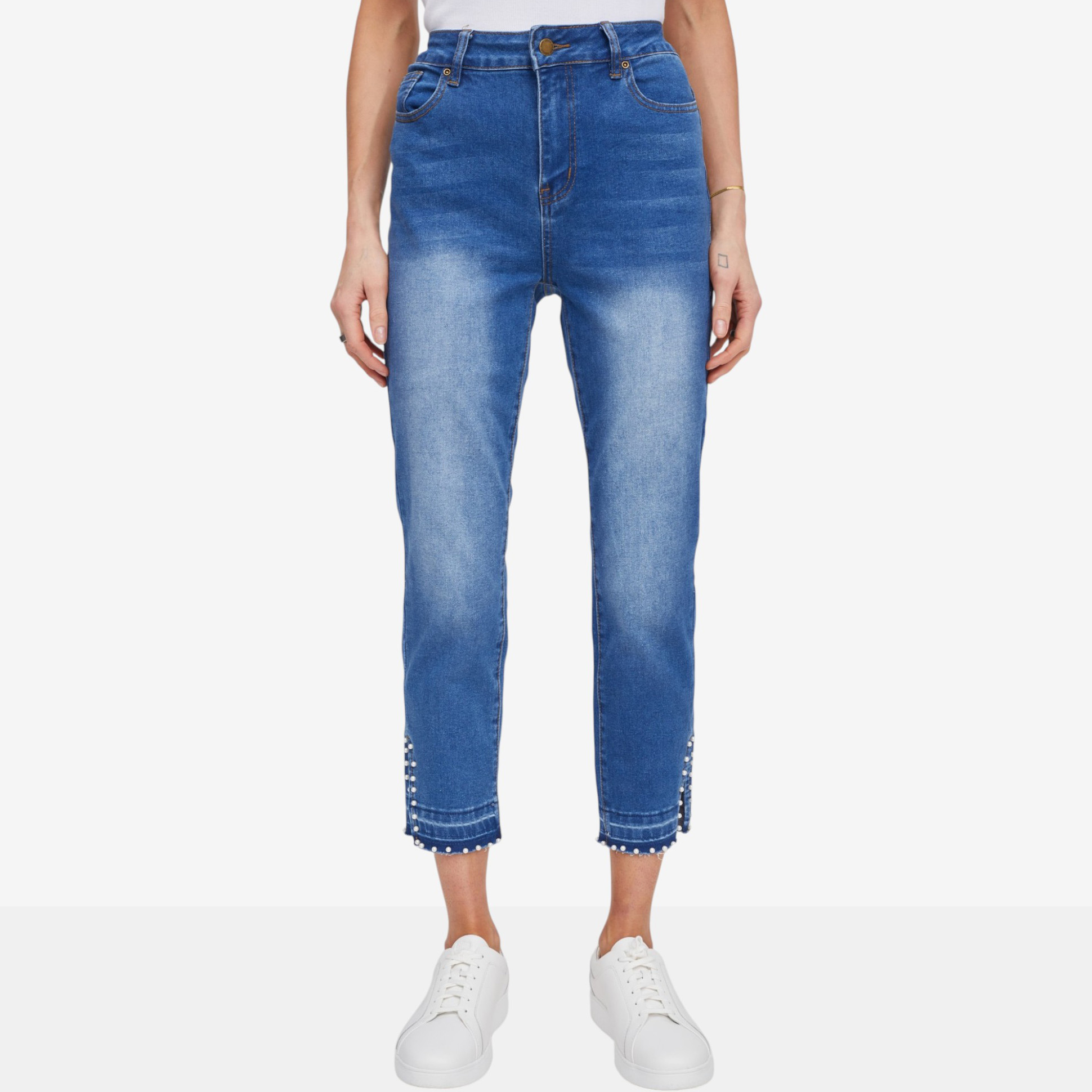 Mr. Max Stretch Denim Five Pocket Crop Jeans with Pearl Detail
