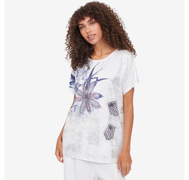 Red Coral Short Sleeve Watercolour Bling Print Top