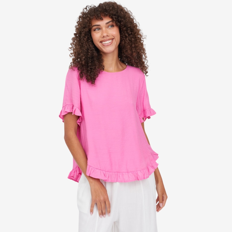 Image 124121_PEO.jpg, Product 124-121 / Price $89.99, Red Coral Gentle Ruffle Faux Linen Top from Red Coral Fashions on TSC.ca's Fashion department