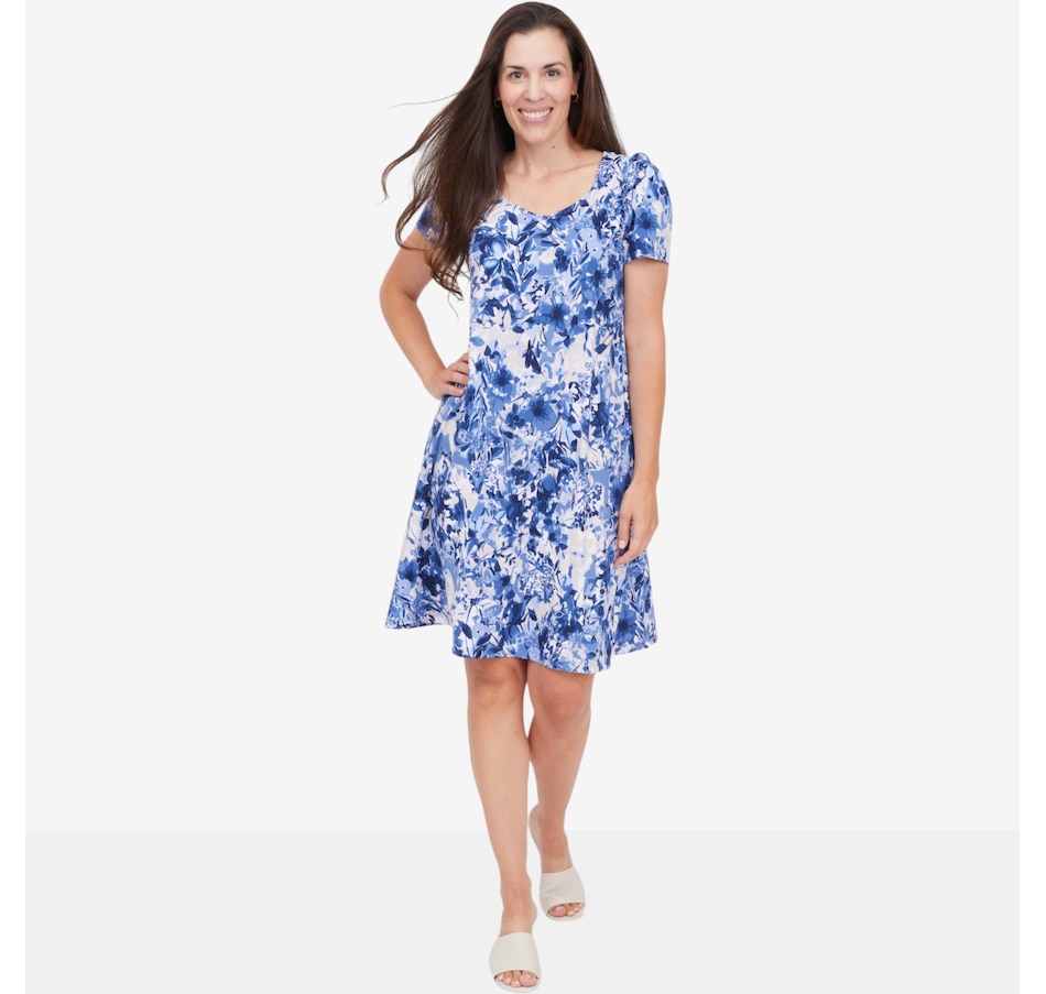 Image 125089_BLMU.jpg, Product 125-089 / Price $87.99, Kim & Co. Printed Brazil Knit Dress with Frill Detail from Kim & Co. on TSC.ca's Fashion department