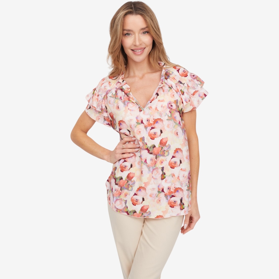 Image 125168_CMU.jpg, Product 125-168 / Price $64.99, Kim & Co. Printed Viscose Short Sleeve Frilled Top from Kim & Co. on TSC.ca's Fashion department