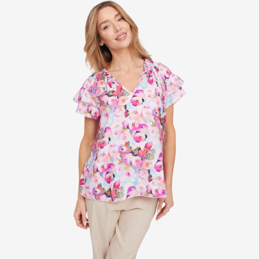 Image 125168_PMU.jpg, Product 125-168 / Price $64.99, Kim & Co. Printed Viscose Short Sleeve Frilled Top from Kim & Co. on TSC.ca's Fashion department
