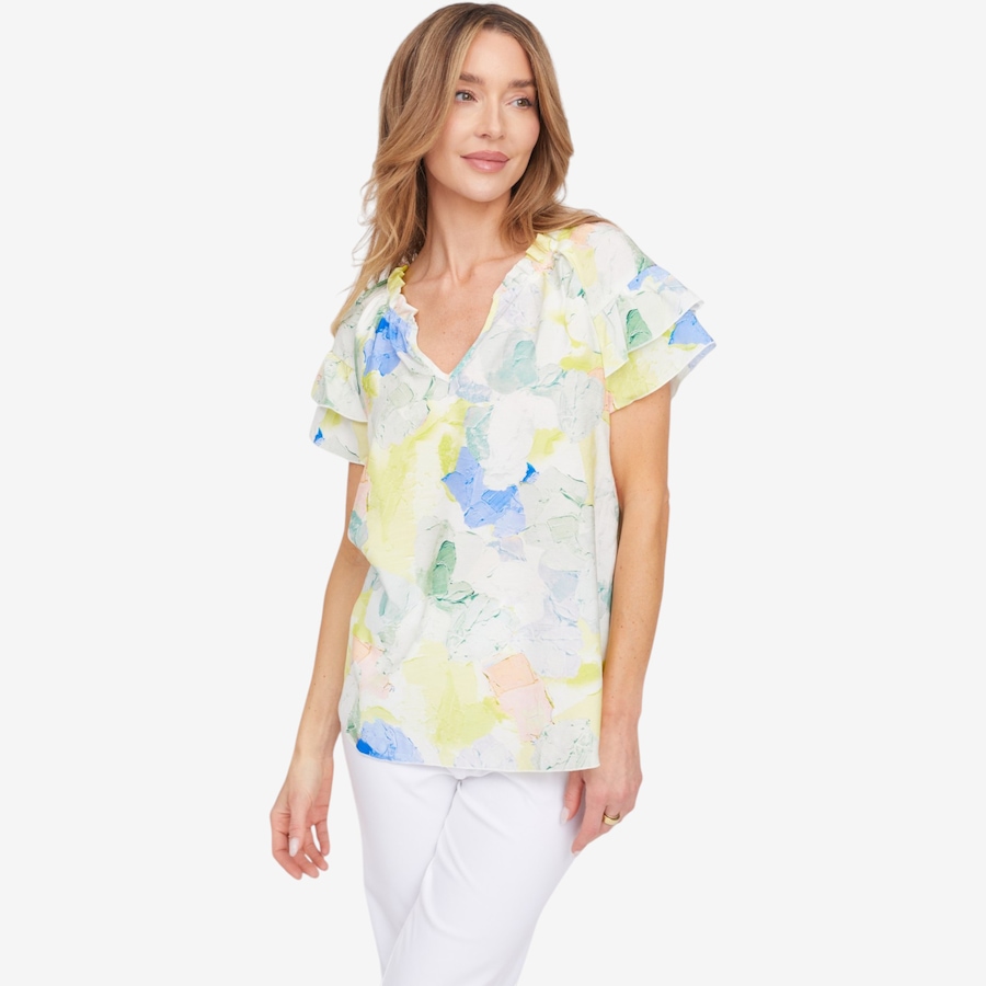 Image 125168_YLB.jpg, Product 125-168 / Price $64.99, Kim & Co. Printed Viscose Short Sleeve Frilled Top from Kim & Co. on TSC.ca's Fashion department