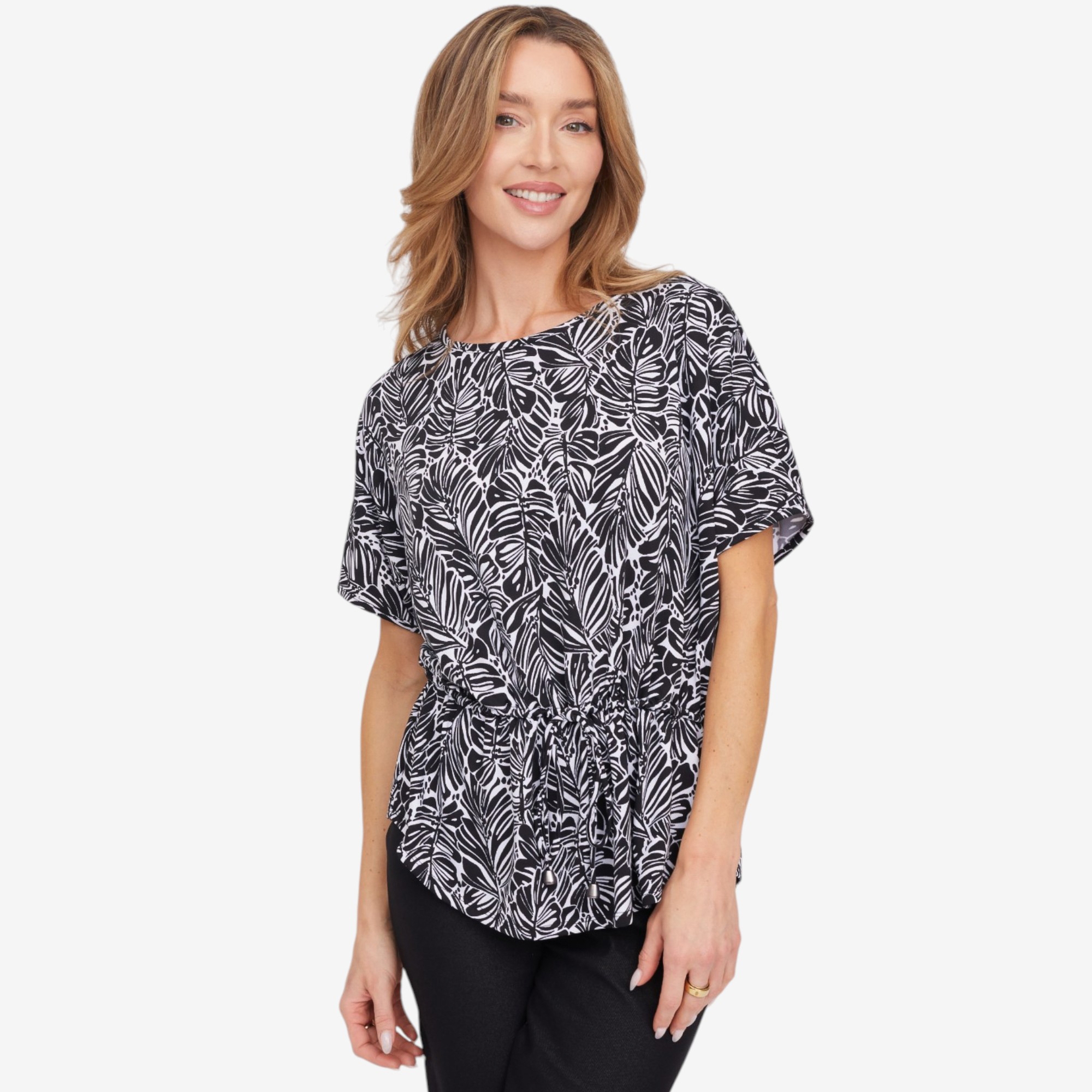 Kim & Co. Printed Brazil Knit Falling Sleeve Top with Drawstring