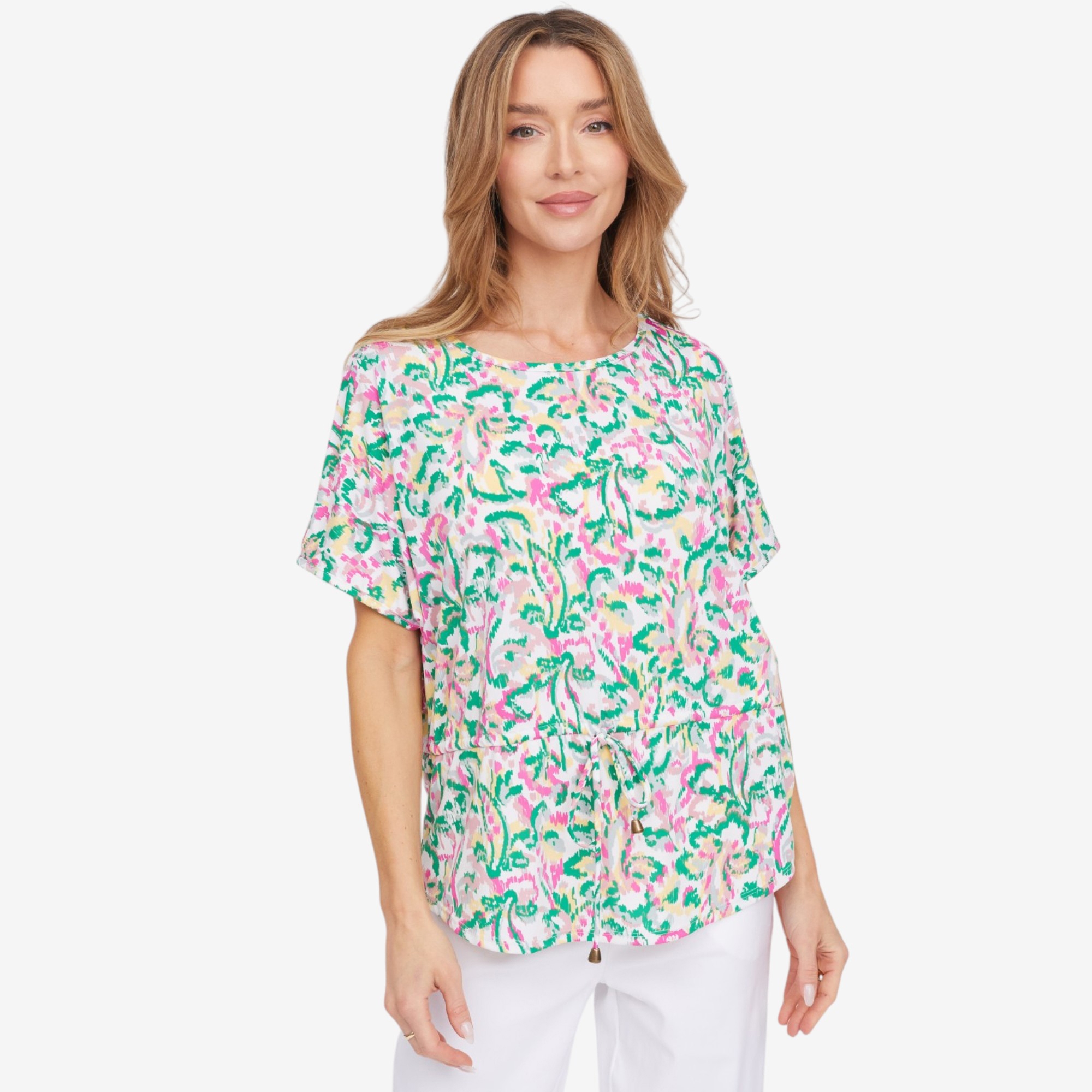 Kim & Co. Printed Brazil Knit Falling Sleeve Top with Drawstring