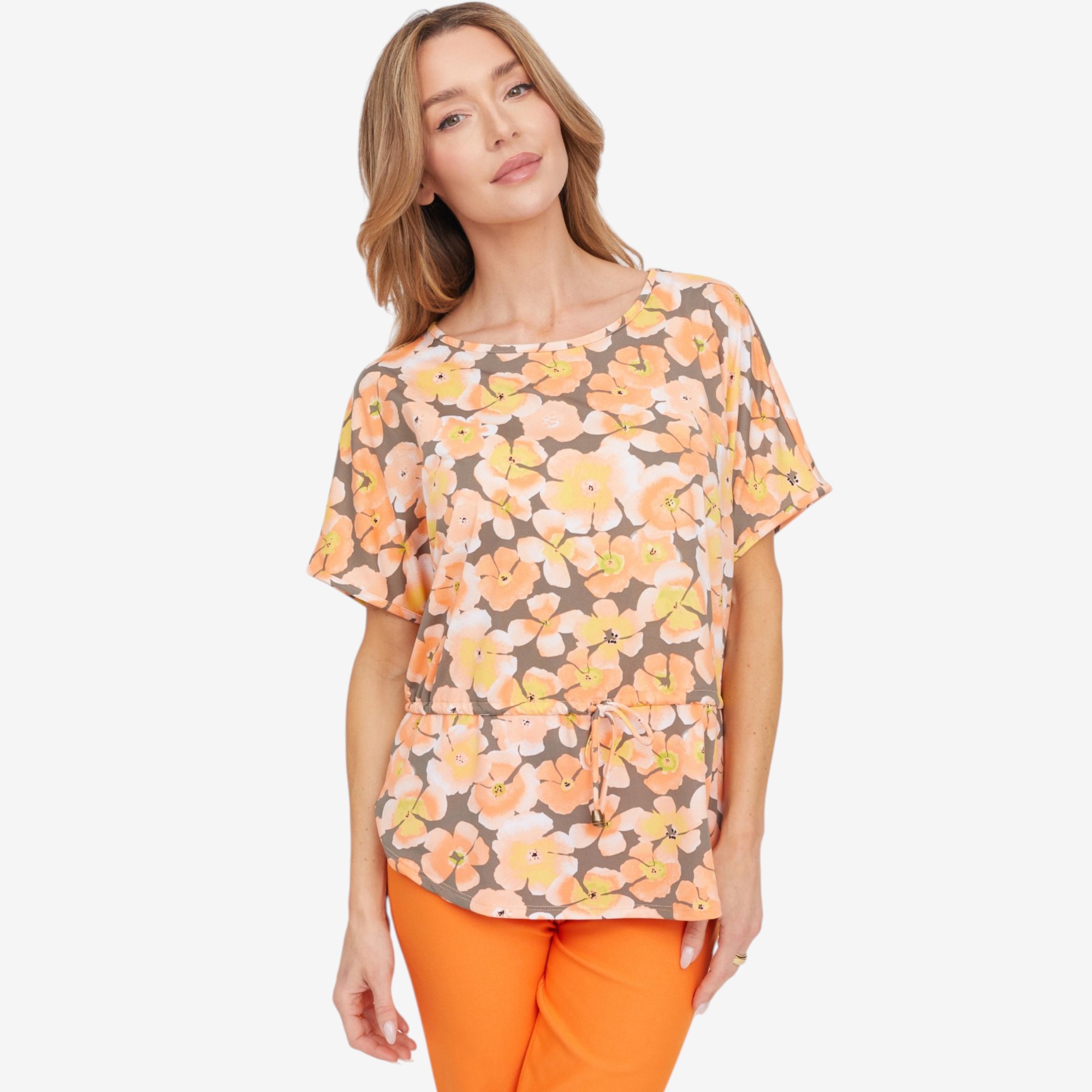 Kim & Co. Printed Brazil Knit Falling Sleeve Top with Drawstring