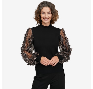 C Wonder Mock Neck Sweater With Printed Mesh Sleeve
