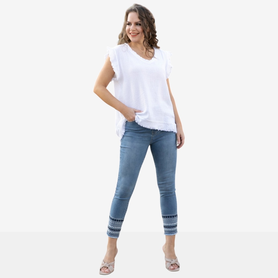Image 126324_ALTMORE2.jpg, Product 126-324 / Price $89.99, Orange Fashion Village Ramona's Blue Embroidered Cuff Bamboo Denim from Orange Fashion Village on TSC.ca's Fashion department