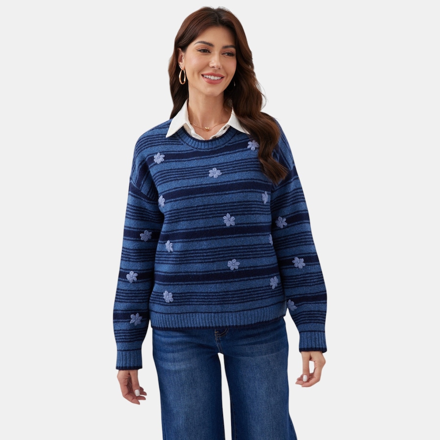 Image 126484_BLU.jpg, Product 126-484 / Price $69.99, Orange Fashion Village Petal Path Striped Sweater from Orange Fashion Village on TSC.ca's Fashion department