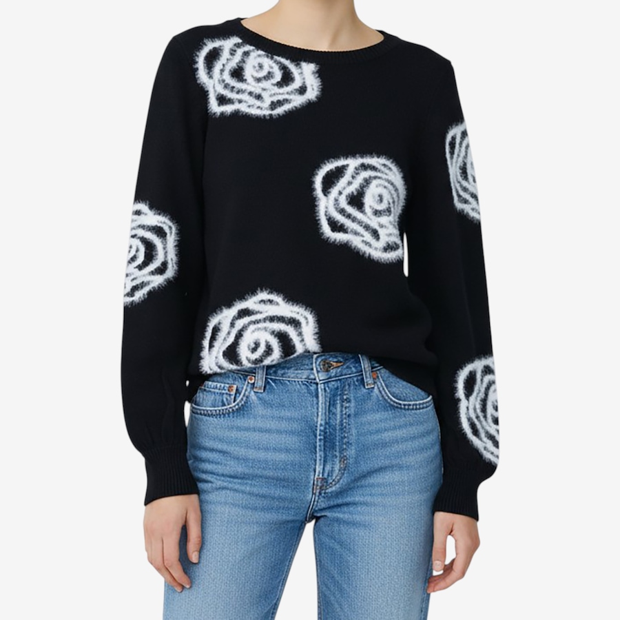Image 126621_BLK.jpg, Product 126-621 / Price $59.99, Nina Leonard Balloon Sleeve Sweater with 3D Eyelash Flower from Nina Leonard on TSC.ca's Fashion department