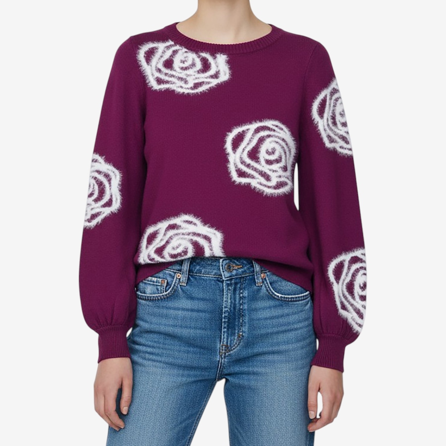 Image 126621_RPLUM.jpg, Product 126-621 / Price $59.99, Nina Leonard Balloon Sleeve Sweater with 3D Eyelash Flower from Nina Leonard on TSC.ca's Fashion department
