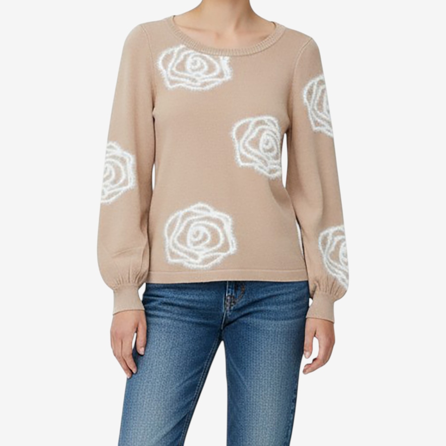 Image 126621_TN.jpg, Product 126-621 / Price $59.99, Nina Leonard Balloon Sleeve Sweater with 3D Eyelash Flower from Nina Leonard on TSC.ca's Fashion department