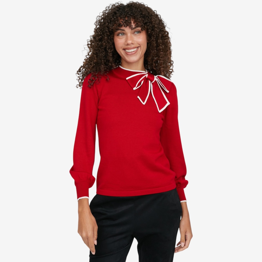 Image 126623_RED.jpg, Product 126-623 / Price $59.99, Nina Leonard Balloon Sleeve Mock Neck Sweater with Bow Detail from Nina Leonard on TSC.ca's Fashion department