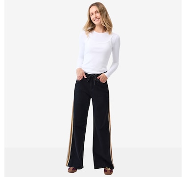 Yoga Jeans Lily Wide Black with Black &amp; Golden Stripe High Rise