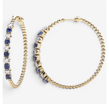 14K Yellow Gold 1.65ctw Blue Sapphire &amp; Diamond Hoop Earrings