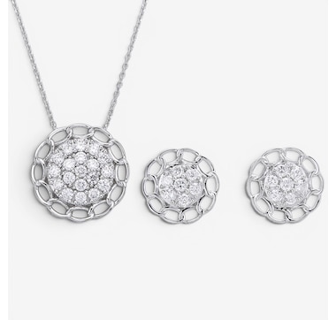 EVERA Diamonds Sterling Silver Rhodium Plate 2.00ctw Diamond Cluster Pendant with Chain &amp; Earring Set