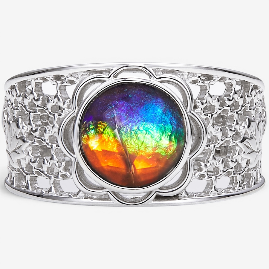 Image 130694_RHOP.jpg, Product 130-694 / Price $629.99, Canadian Ammolite Gems Sterling Silver Round Ammolite Maple Leaf Scroll Thick Band Ring from Canadian Ammolite Gems on TSC.ca's Jewellery department