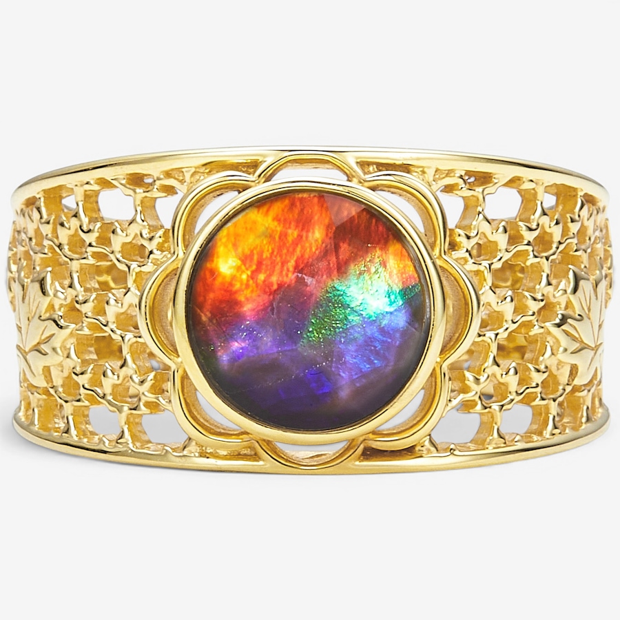 Image 130694_YGP.jpg, Product 130-694 / Price $629.99, Canadian Ammolite Gems Sterling Silver Round Ammolite Maple Leaf Scroll Thick Band Ring from Canadian Ammolite Gems on TSC.ca's Jewellery department