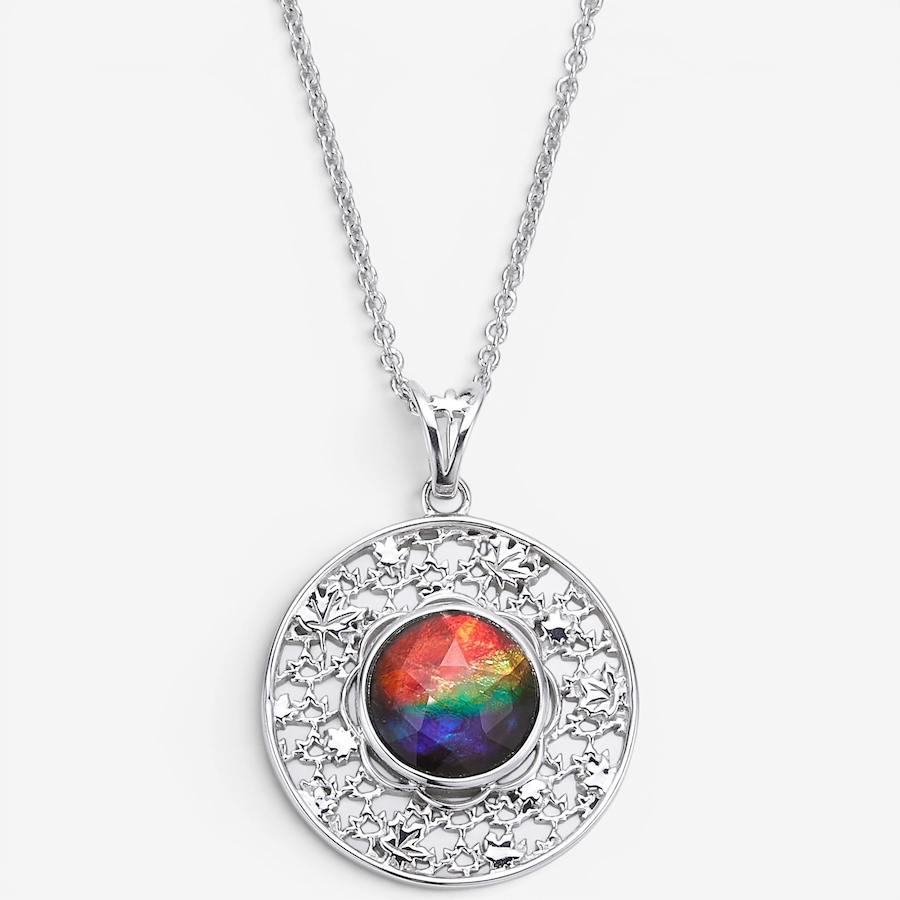 Image 130695_RHOP.jpg, Product 130-695 / Price $599.99, Canadian Ammolite Gems Sterling Silver Ammolite Maple Leaf Scroll Medallion Pendant With Chain from Canadian Ammolite Gems on TSC.ca's Jewellery department