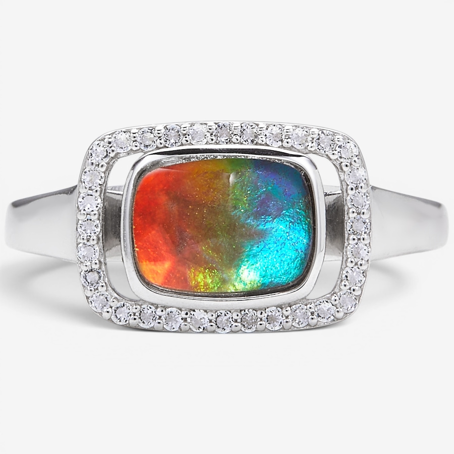 Image 130696_RHOP.jpg, Product 130-696 / Price $699.99, Canadian Ammolite Gems Sterling Silver Cushion Ammolite & White Topaz Halo Ring from Canadian Ammolite Gems on TSC.ca's Jewellery department