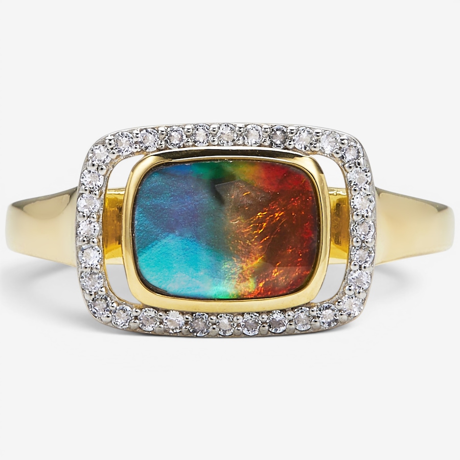Image 130696_YGP.jpg, Product 130-696 / Price $699.99, Canadian Ammolite Gems Sterling Silver Cushion Ammolite & White Topaz Halo Ring from Canadian Ammolite Gems on TSC.ca's Jewellery department