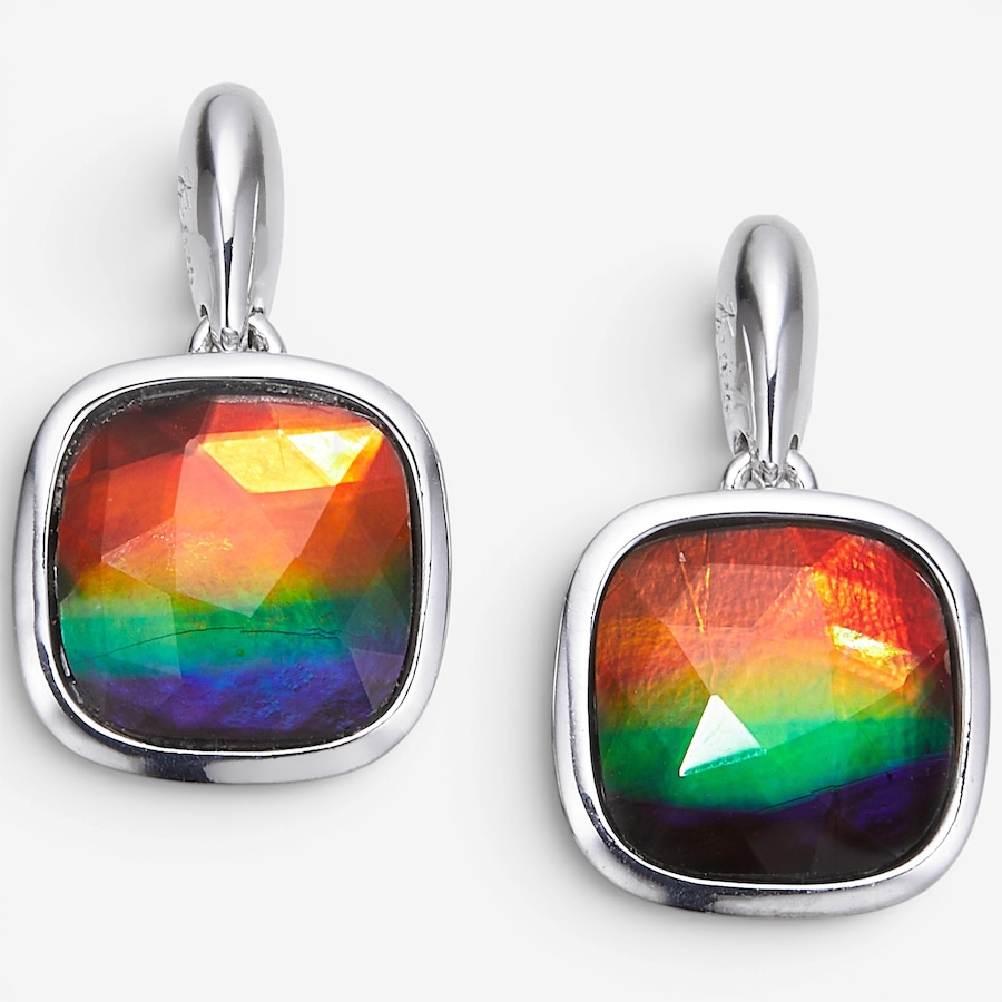 Image 130703_RHOP.jpg, Product 130-703 / Price $399.99, Canadian Ammolite Gems Sterling Silver Cushion Cut Ammolite Maple Leaf Cut Out Drop Earrings from Canadian Ammolite Gems on TSC.ca's Jewellery department
