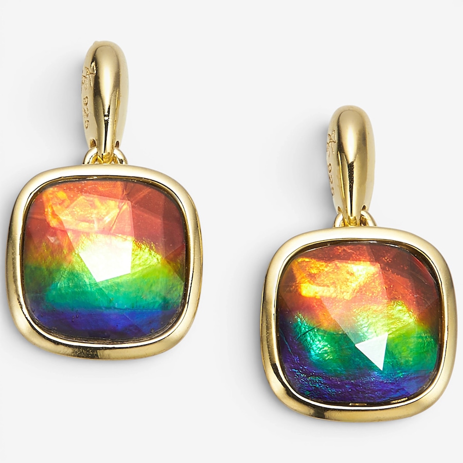 Image 130703_YGP.jpg, Product 130-703 / Price $399.99, Canadian Ammolite Gems Sterling Silver Cushion Cut Ammolite Maple Leaf Cut Out Drop Earrings from Canadian Ammolite Gems on TSC.ca's Jewellery department