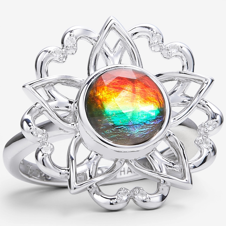 Image 130708_RHOP.jpg, Product 130-708 / Price $629.99, Canadian Ammolite Gems Sterling Silver Ammolite With White Topaz Floral Ring from Canadian Ammolite Gems on TSC.ca's Jewellery department