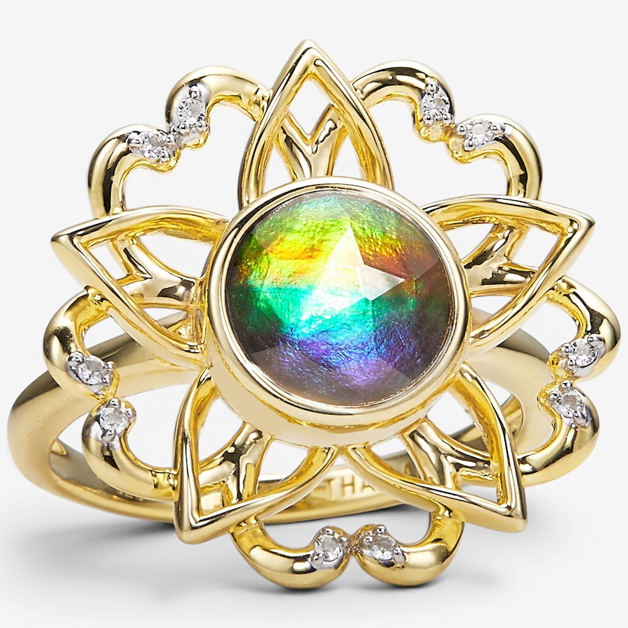 Image 130708_YGP.jpg, Product 130-708 / Price $629.99, Canadian Ammolite Gems Sterling Silver Ammolite With White Topaz Floral Ring from Canadian Ammolite Gems on TSC.ca's Jewellery department