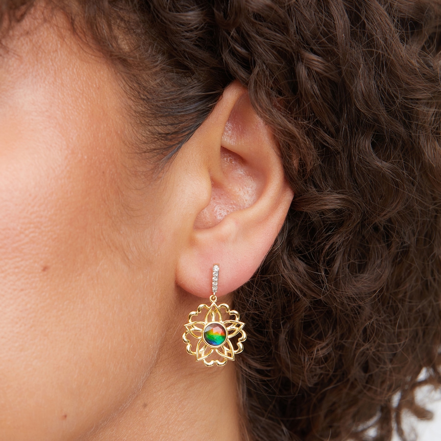 Image 130717_ALTMORE2.jpg, Product 130-717 / Price $499.99, Canadian Ammolite Gems Sterling Silver Round Ammolite Floral Dangle Earrings from Canadian Ammolite Gems on TSC.ca's Jewellery department
