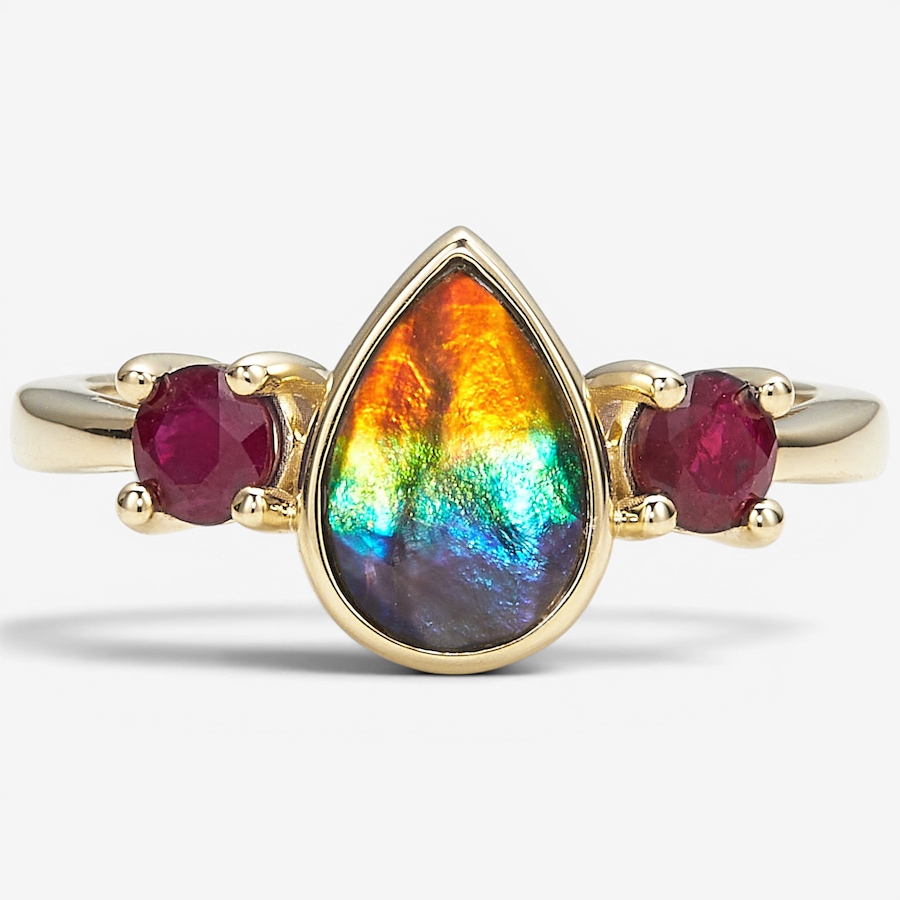 Image 130718.jpg, Product 130-718 / Price $1,999.99, Canadian Ammolite Gems 14K Yellow Gold Teardrop Ammolite & Ruby Accent Ring from Canadian Ammolite Gems on TSC.ca's Jewellery department