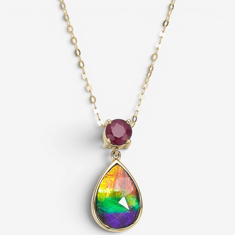 Image 130719.jpg, Product 130-719 / Price $1,999.99, Canadian Ammolite Gems 14K Yellow Gold Teardrop Ammolite & Ruby Pendant With Chain from Canadian Ammolite Gems on TSC.ca's Jewellery department