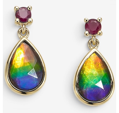 Canadian Ammolite Gems 14K Yellow Gold Teardrop Ammolite &amp; Ruby Drop Earrings