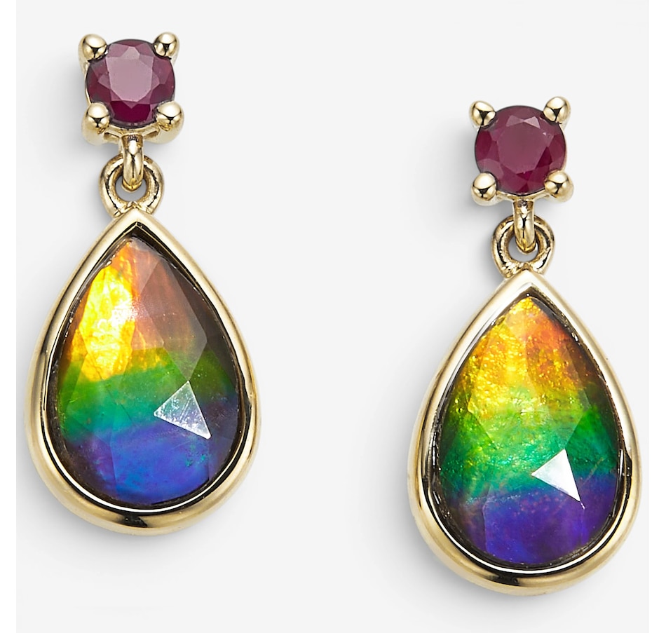 Image 130720.jpg, Product 130-720 / Price $1,999.99, Canadian Ammolite Gems 14K Yellow Gold Teardrop Ammolite & Ruby Drop Earrings from Canadian Ammolite Gems on TSC.ca's Jewellery department