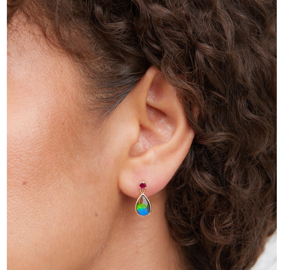 Image 130720_ALTMORE1.jpg, Product 130-720 / Price $1,999.99, Canadian Ammolite Gems 14K Yellow Gold Teardrop Ammolite & Ruby Drop Earrings from Canadian Ammolite Gems on TSC.ca's Jewellery department