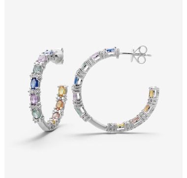 Sterling Silver Multi Sapphire &amp; Diamond J Hoop Earrings