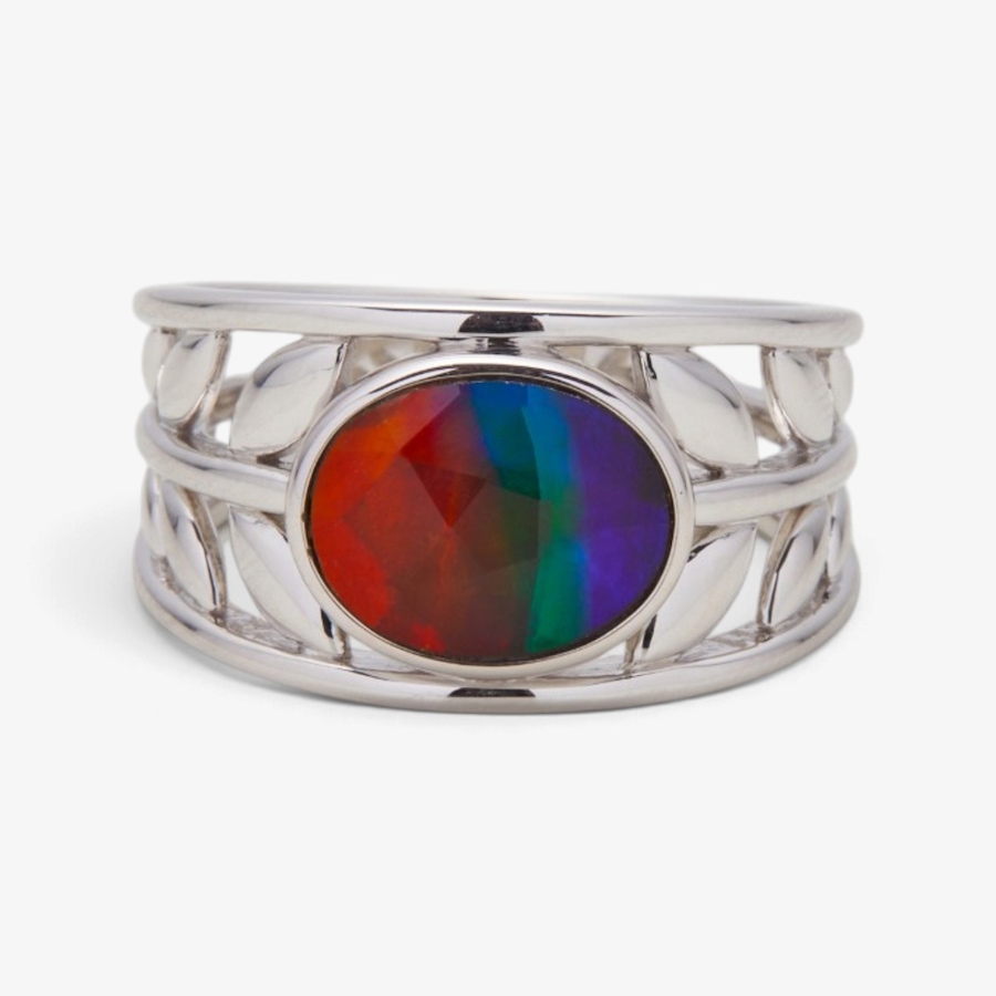 Image 131549_RHOP.jpg, Product 131-549 / Price $399.99, Canadian Ammolite Gems Sterling Silver Oval Ammolite Ring With Leaf Details from Canadian Ammolite Gems on TSC.ca's Jewellery department