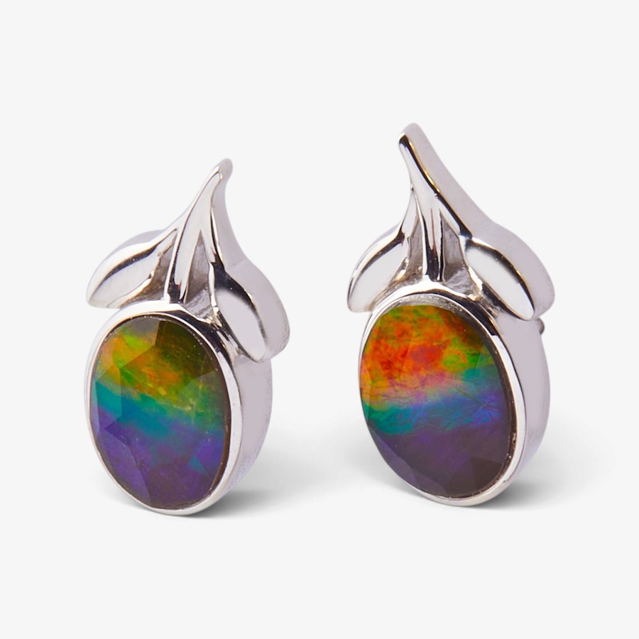 Image 131550_RHOP.jpg, Product 131-550 / Price $429.99, Canadian Ammolite Gems Sterling Silver 8x6mm Oval Shape Ammolite With Leaf Detailed Stud Earrings from Canadian Ammolite Gems on TSC.ca's Jewellery department