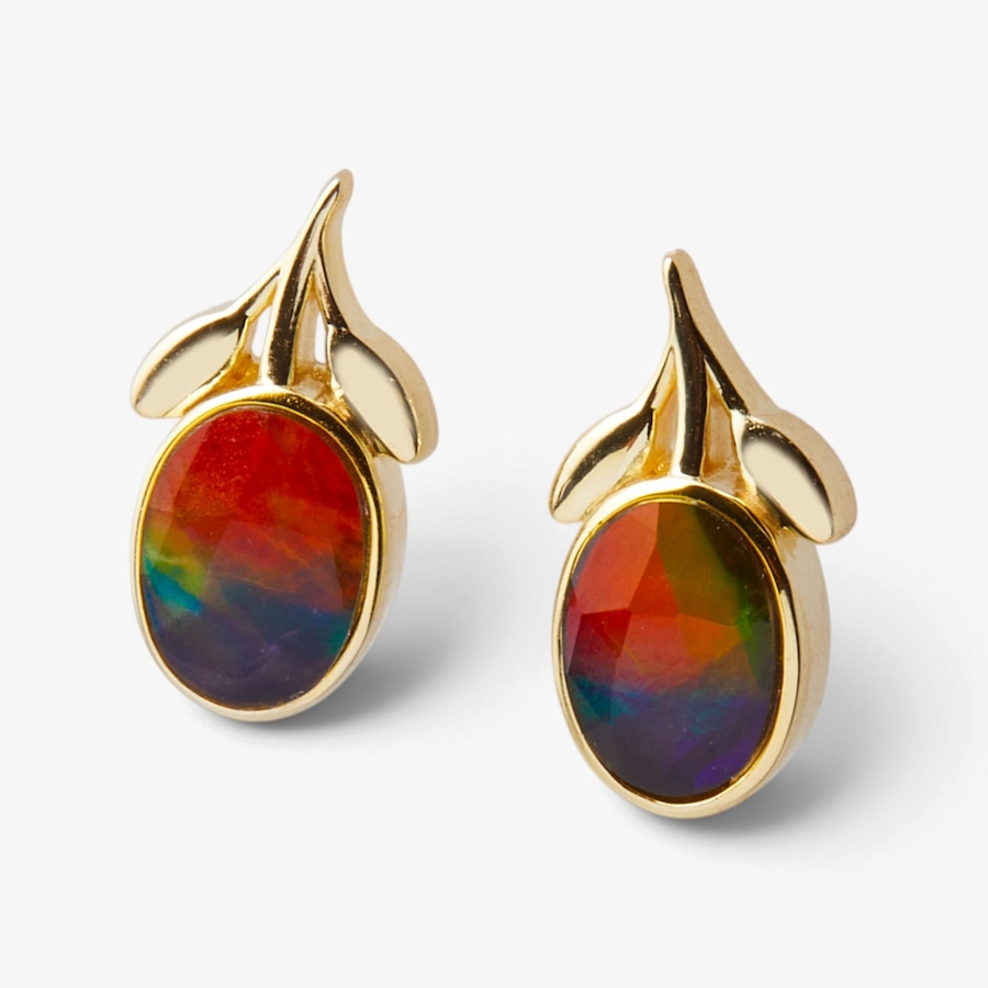 Image 131550_YGP.jpg, Product 131-550 / Price $429.99, Canadian Ammolite Gems Sterling Silver 8x6mm Oval Shape Ammolite With Leaf Detailed Stud Earrings from Canadian Ammolite Gems on TSC.ca's Jewellery department