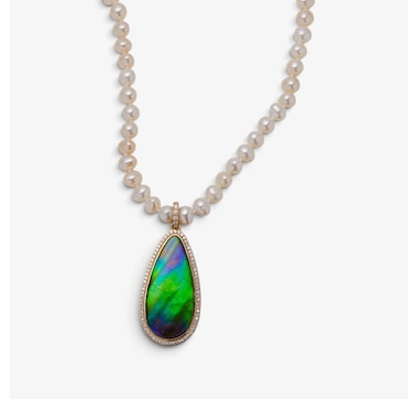 Canadian Ammolite Gems 14k Yellow Gold Freeform Ammolite and Diamond Pendant With Enhancer Bale Necklace