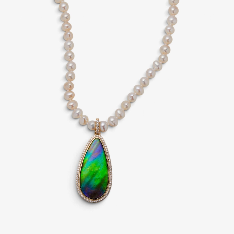 Image 131701.jpg, Product 131-701 / Price $4,499.99, Canadian Ammolite Gems 14k Yellow Gold Freeform Ammolite and Diamond Pendant With Enhancer Bale Necklace from Canadian Ammolite Gems on TSC.ca's Jewellery department