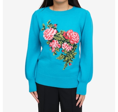 C Wonder Floral Intarsia Puff Sleeve Sweater